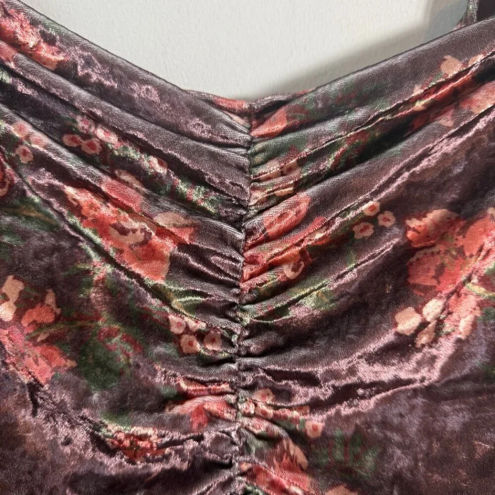 Free People Reina Floral Velvet Off the Shoulder Top Women's Small Brown Ruched
